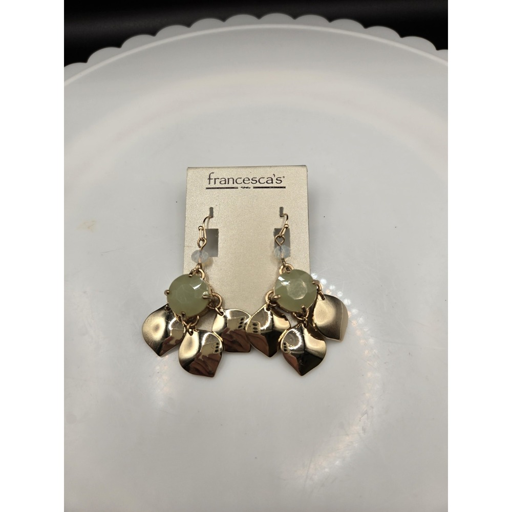 Francesca's Gold Tone Chandelier Earrings Mint Green Stone Boho Leaf